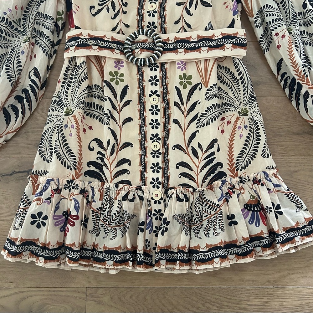 FARM RIO Nature Mini Dress Romantic Bead Belt Maximalist Puff Beige Size Medium - Picture 6 of 16